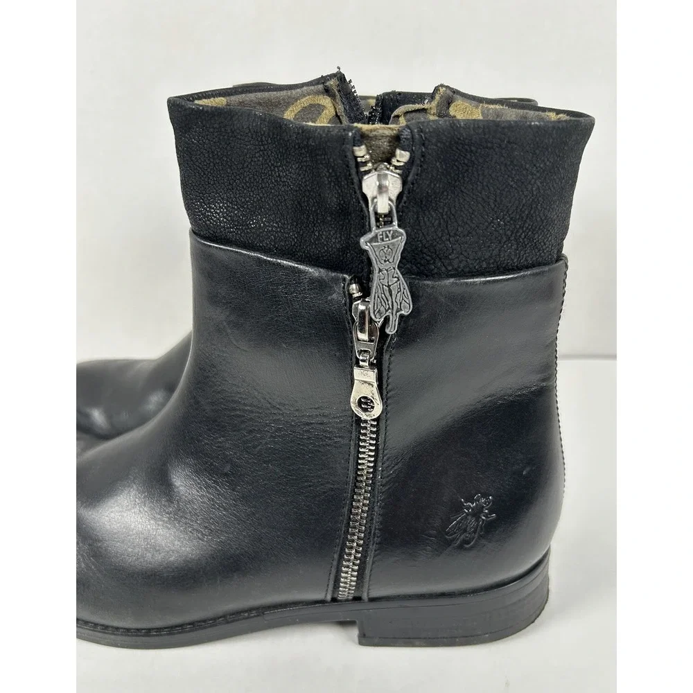 Fly London Black Leather Zippered Ankle Boots Women's Size 42 /10.5